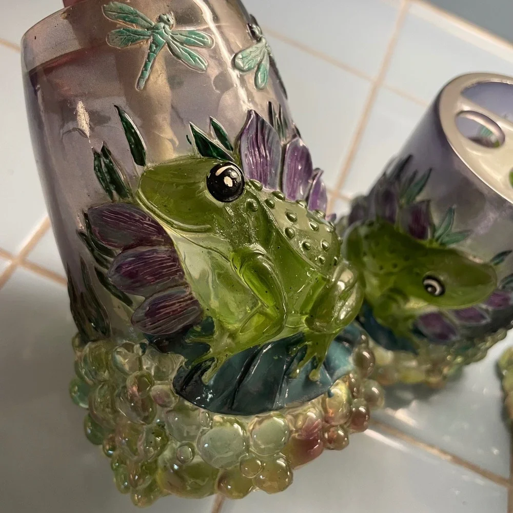 Lucite 60s 70s Frog Bathroom‎ 3 pc Set Soap Dispenser Toothbrush tumbler Decor